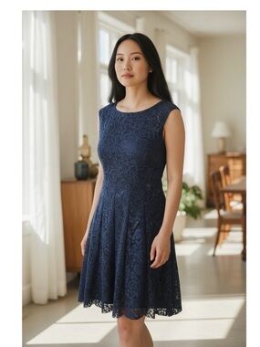 connected apparel Navy Blue Lace Sleeveless Midi Dress with Belt size 4 NWOT